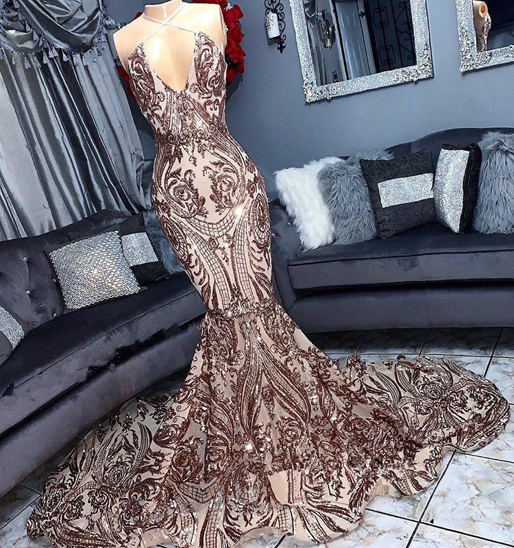 Sexy V-Neck Sequins Sleeveless Mermaid Bespoke Prom Dress-BallBride