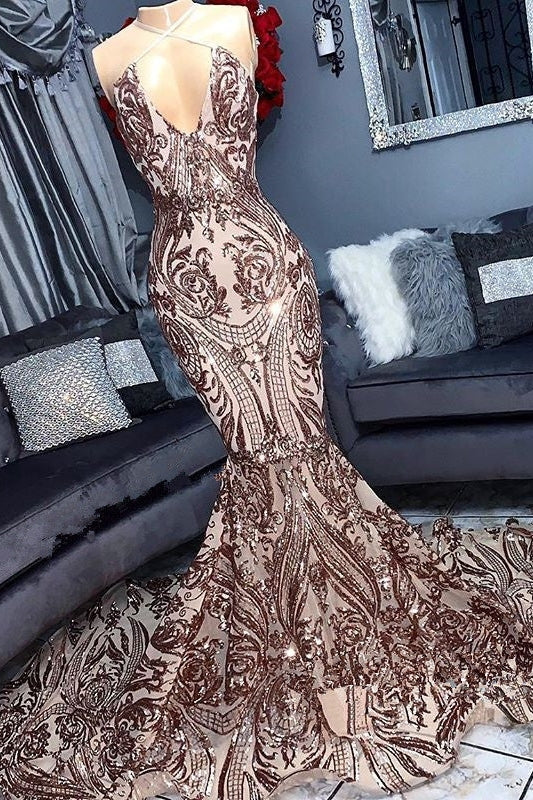 Sexy V-Neck Sequins Sleeveless Mermaid Bespoke Prom Dress-BallBride