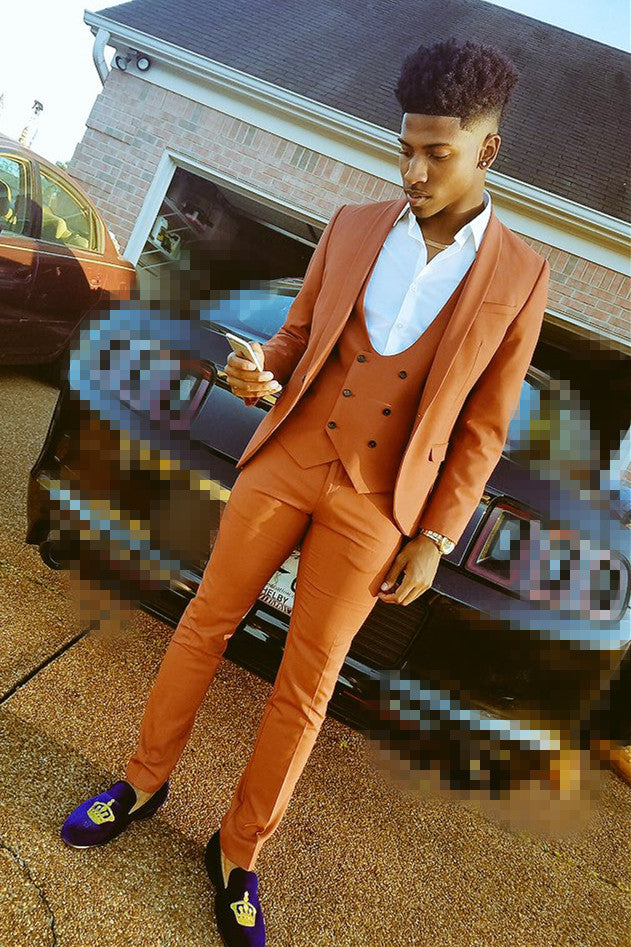 Shawl Lapel Orange 3-Piece Formal Dinner Suit for Men-BallBride