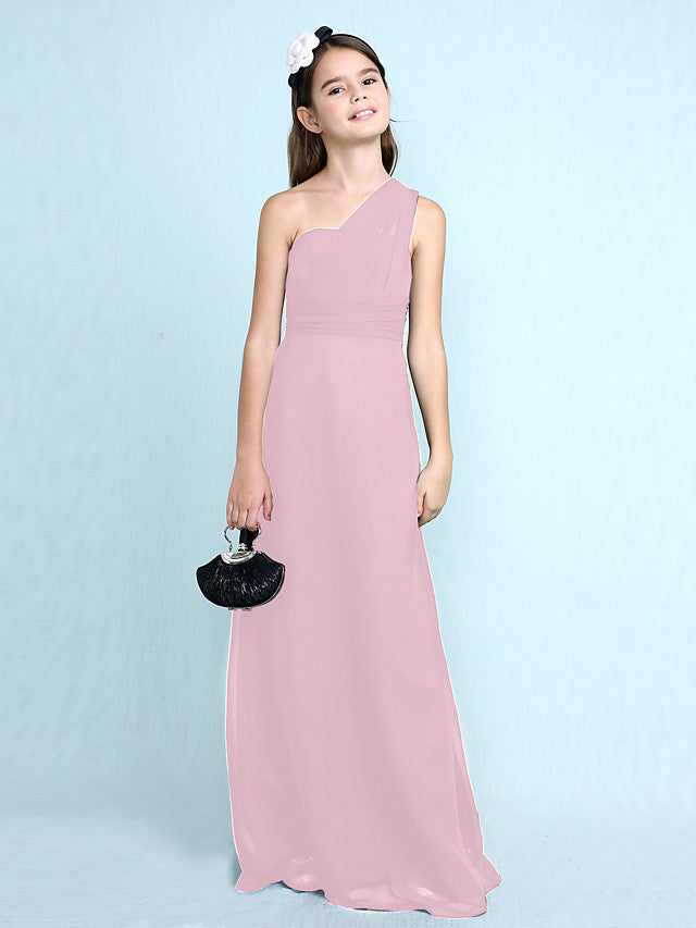 Sheath Column One Shoulder Floor Length Chiffon Flower Girl Dress with Natural Side Draping-BallBride