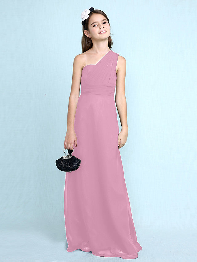 Sheath Column One Shoulder Floor Length Chiffon Flower Girl Dress with Natural Side Draping-BallBride