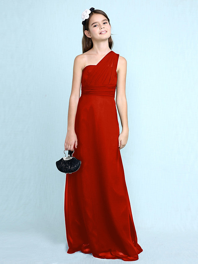 Sheath Column One Shoulder Floor Length Chiffon Flower Girl Dress with Natural Side Draping-BallBride