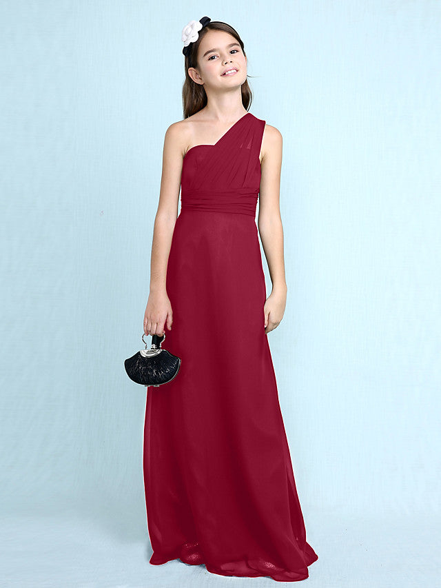 Sheath Column One Shoulder Floor Length Chiffon Flower Girl Dress with Natural Side Draping-BallBride