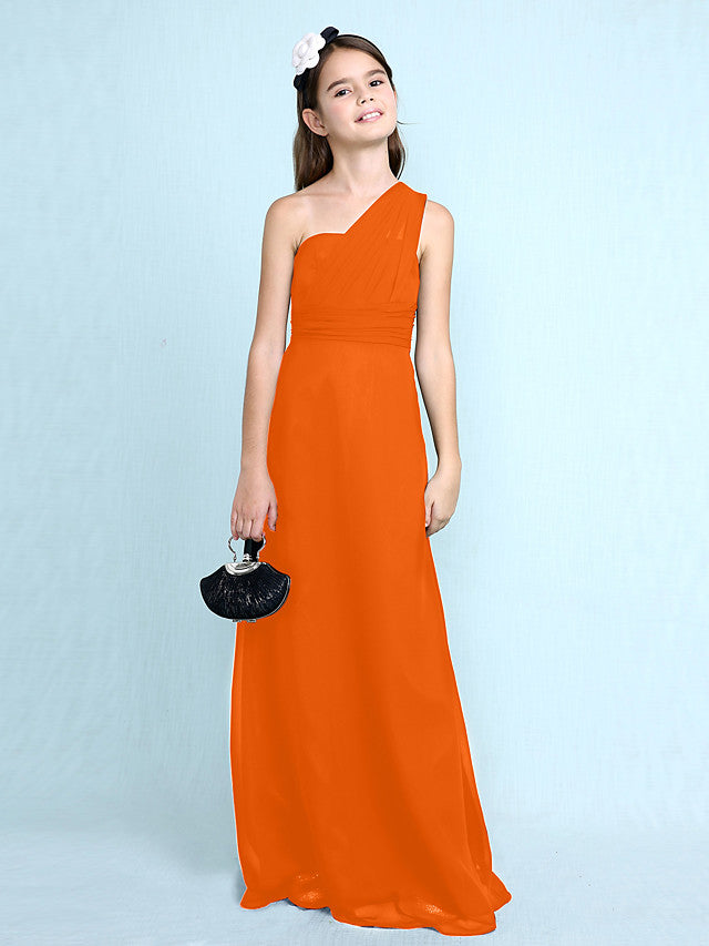 Sheath Column One Shoulder Floor Length Chiffon Flower Girl Dress with Natural Side Draping-BallBride