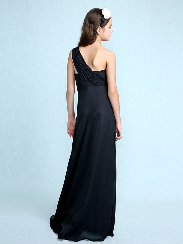 Sheath Column One Shoulder Floor Length Chiffon Flower Girl Dress with Natural Side Draping-BallBride