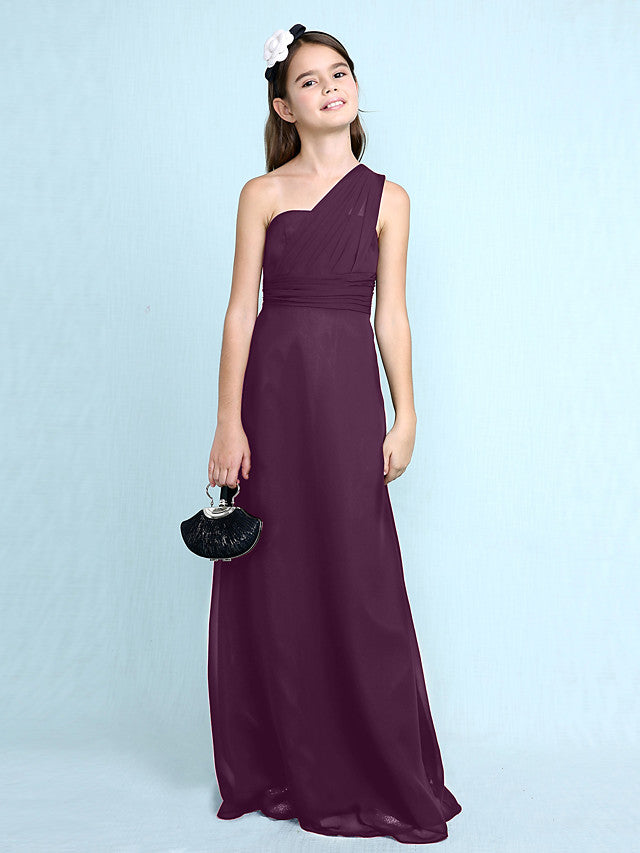 Sheath Column One Shoulder Floor Length Chiffon Flower Girl Dress with Natural Side Draping-BallBride