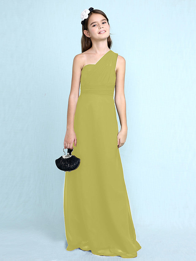 Sheath Column One Shoulder Floor Length Chiffon Flower Girl Dress with Natural Side Draping-BallBride