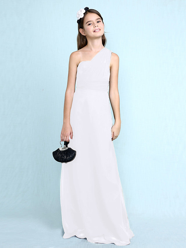 Sheath Column One Shoulder Floor Length Chiffon Flower Girl Dress with Natural Side Draping-BallBride