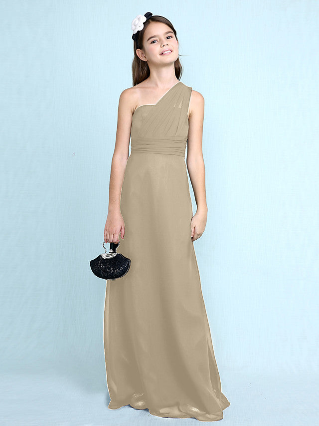 Sheath Column One Shoulder Floor Length Chiffon Flower Girl Dress with Natural Side Draping-BallBride