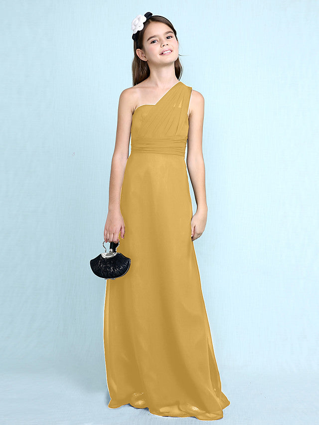 Sheath Column One Shoulder Floor Length Chiffon Flower Girl Dress with Natural Side Draping-BallBride