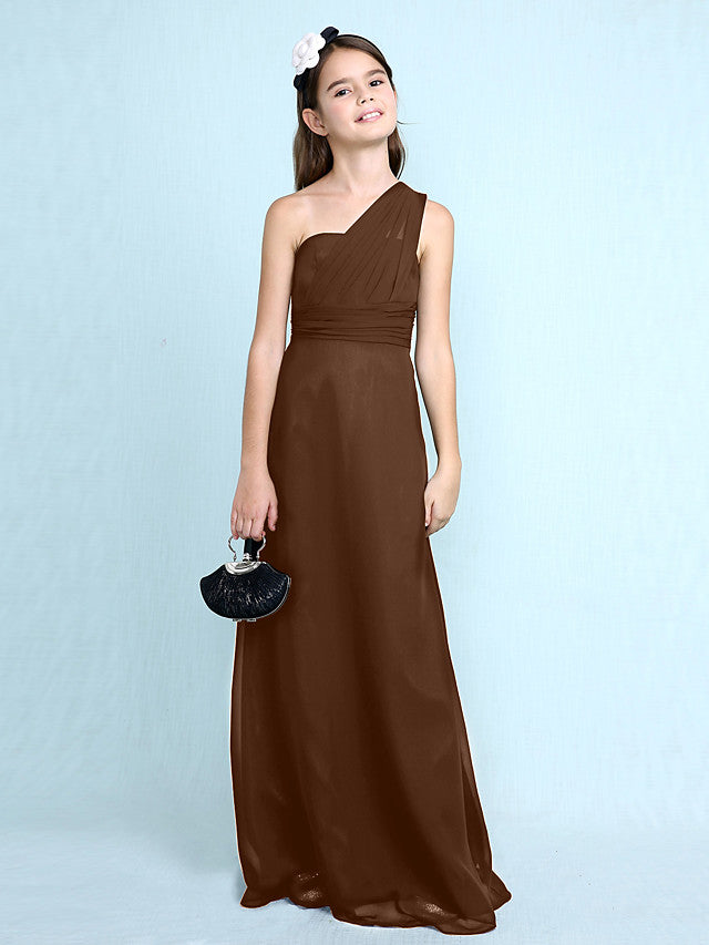 Sheath Column One Shoulder Floor Length Chiffon Flower Girl Dress with Natural Side Draping-BallBride