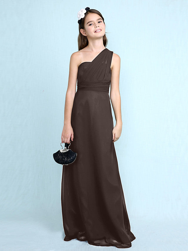 Sheath Column One Shoulder Floor Length Chiffon Flower Girl Dress with Natural Side Draping-BallBride