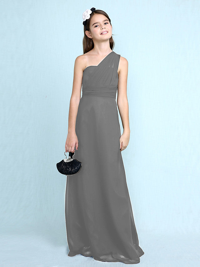Sheath Column One Shoulder Floor Length Chiffon Flower Girl Dress with Natural Side Draping-BallBride