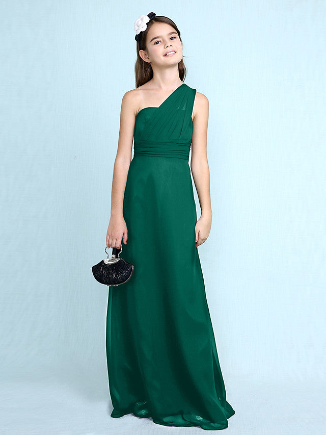Sheath Column One Shoulder Floor Length Chiffon Flower Girl Dress with Natural Side Draping-BallBride