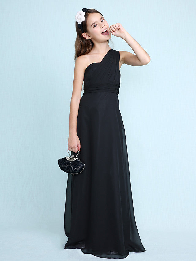 Sheath Column One Shoulder Floor Length Chiffon Flower Girl Dress with Natural Side Draping-BallBride
