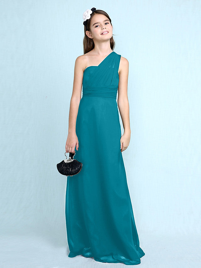 Sheath Column One Shoulder Floor Length Chiffon Flower Girl Dress with Natural Side Draping-BallBride