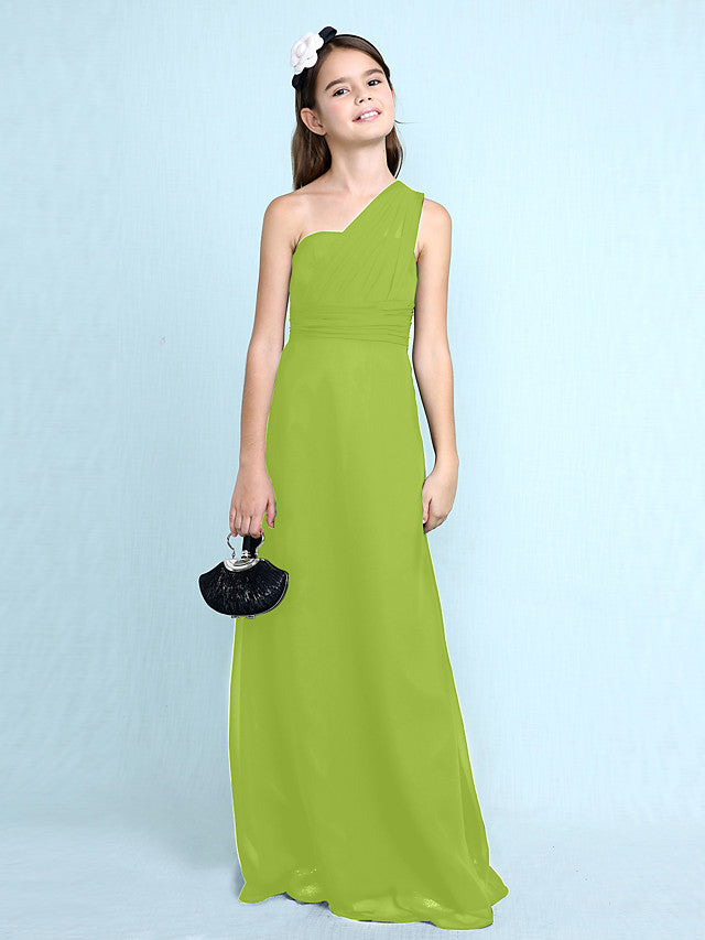 Sheath Column One Shoulder Floor Length Chiffon Flower Girl Dress with Natural Side Draping-BallBride