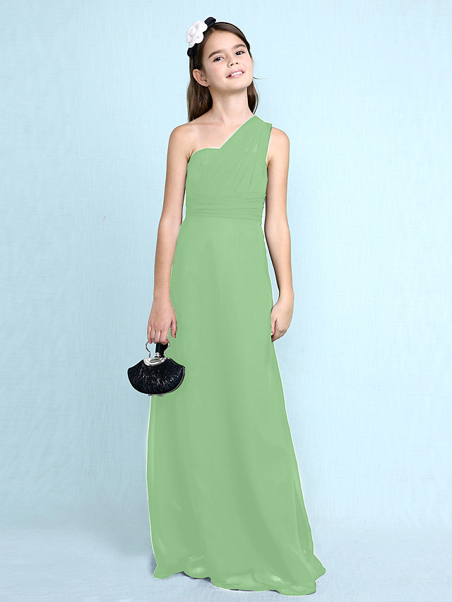 Sheath Column One Shoulder Floor Length Chiffon Flower Girl Dress with Natural Side Draping-BallBride