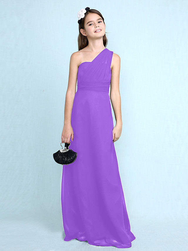 Sheath Column One Shoulder Floor Length Chiffon Flower Girl Dress with Natural Side Draping-BallBride