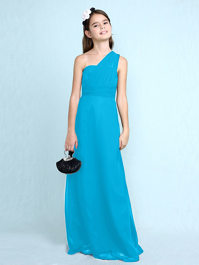 Sheath Column One Shoulder Floor Length Chiffon Flower Girl Dress with Natural Side Draping-BallBride