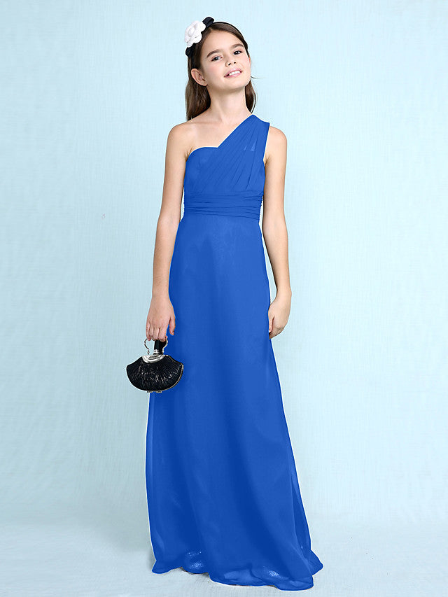 Sheath Column One Shoulder Floor Length Chiffon Flower Girl Dress with Natural Side Draping-BallBride