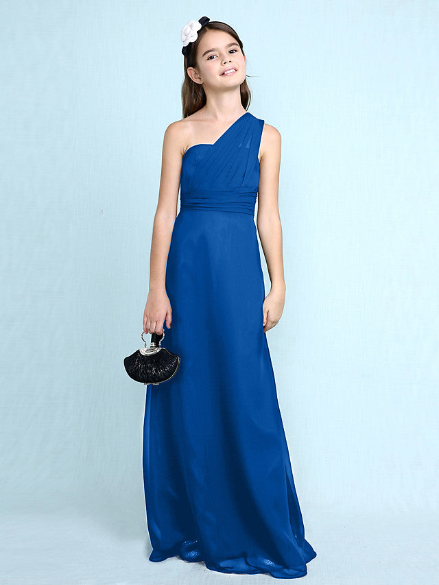 Sheath Column One Shoulder Floor Length Chiffon Flower Girl Dress with Natural Side Draping-BallBride