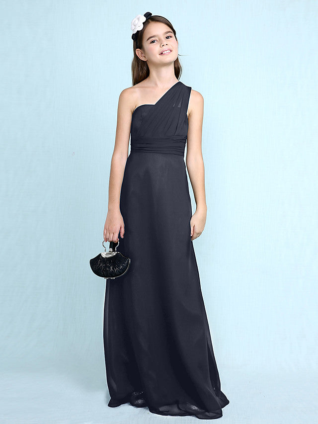Sheath Column One Shoulder Floor Length Chiffon Flower Girl Dress with Natural Side Draping-BallBride
