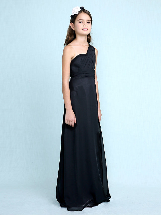 Sheath Column One Shoulder Floor Length Chiffon Flower Girl Dress with Natural Side Draping-BallBride