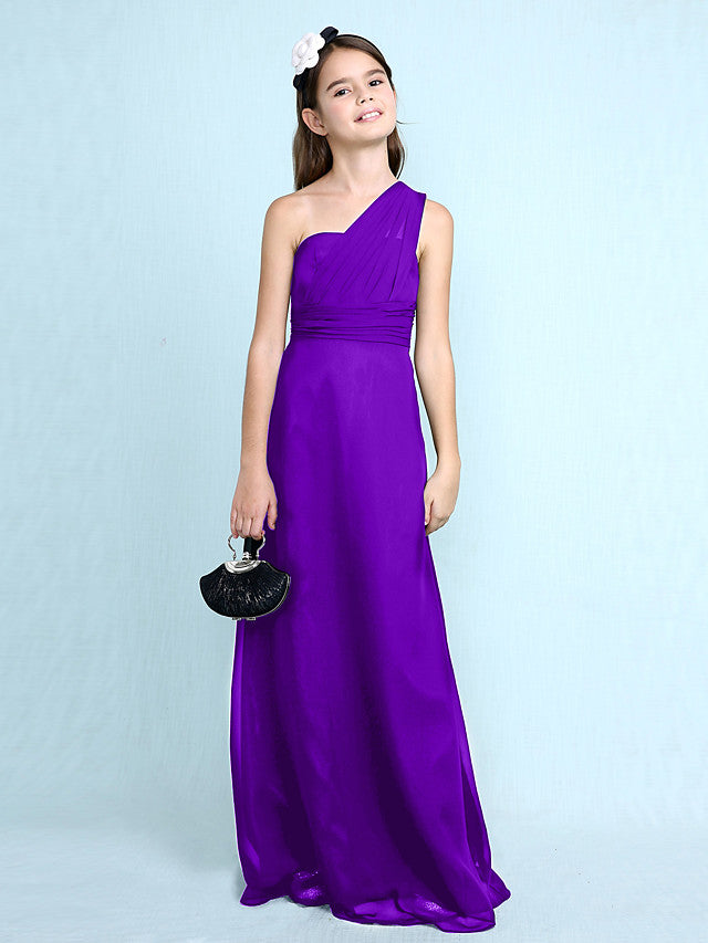 Sheath Column One Shoulder Floor Length Chiffon Flower Girl Dress with Natural Side Draping-BallBride