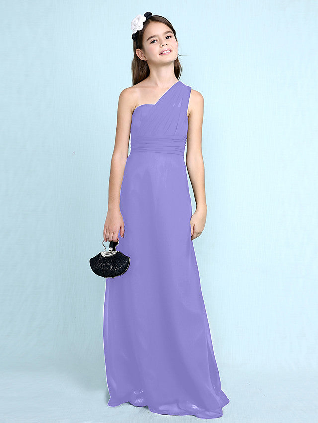 Sheath Column One Shoulder Floor Length Chiffon Flower Girl Dress with Natural Side Draping-BallBride