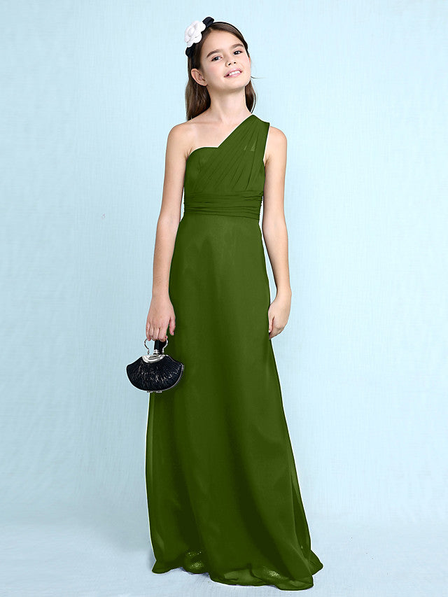 Sheath Column One Shoulder Floor Length Chiffon Flower Girl Dress with Natural Side Draping-BallBride