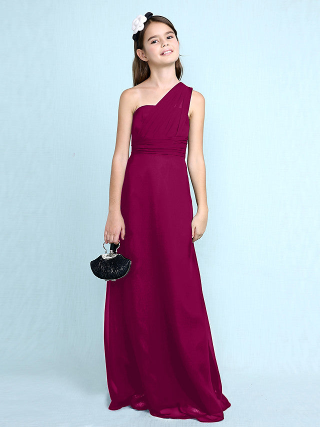 Sheath Column One Shoulder Floor Length Chiffon Flower Girl Dress with Natural Side Draping-BallBride