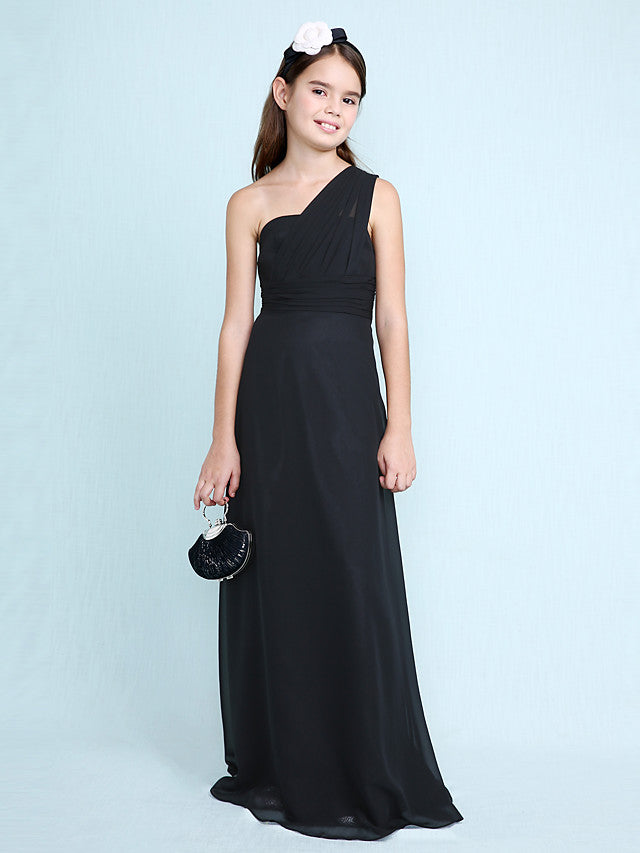 Sheath Column One Shoulder Floor Length Chiffon Flower Girl Dress with Natural Side Draping-BallBride