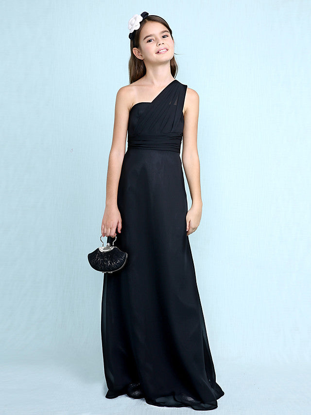 Sheath Column One Shoulder Floor Length Chiffon Flower Girl Dress with Natural Side Draping-BallBride