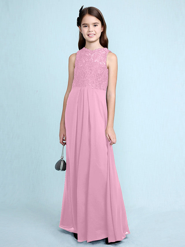 Sheath Column Scoop Neck Floor Length Chiffon & Lace Junior Bridesmaid Dress-BallBride