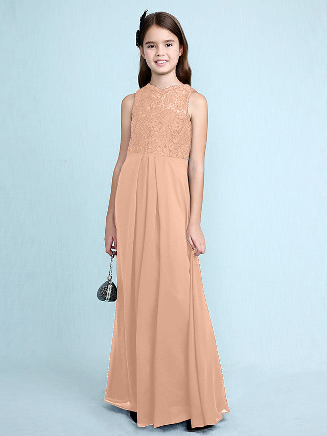 Sheath Column Scoop Neck Floor Length Chiffon & Lace Junior Bridesmaid Dress-BallBride