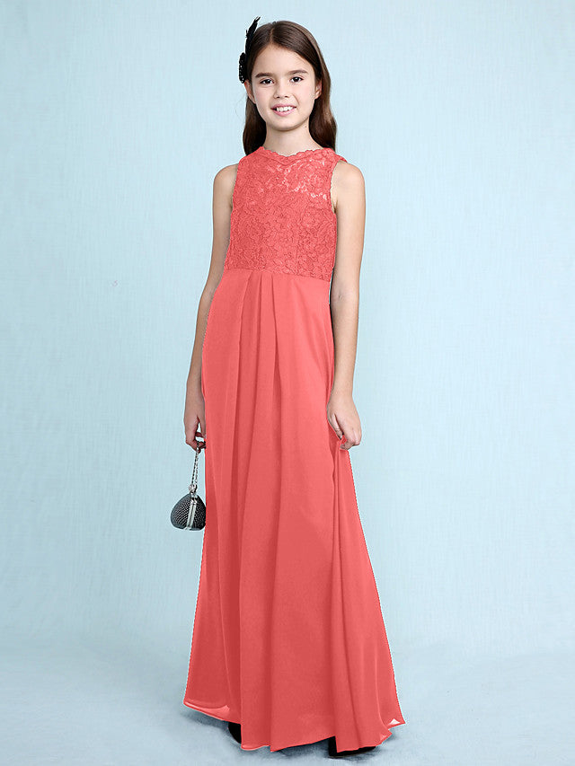 Sheath Column Scoop Neck Floor Length Chiffon & Lace Junior Bridesmaid Dress-BallBride
