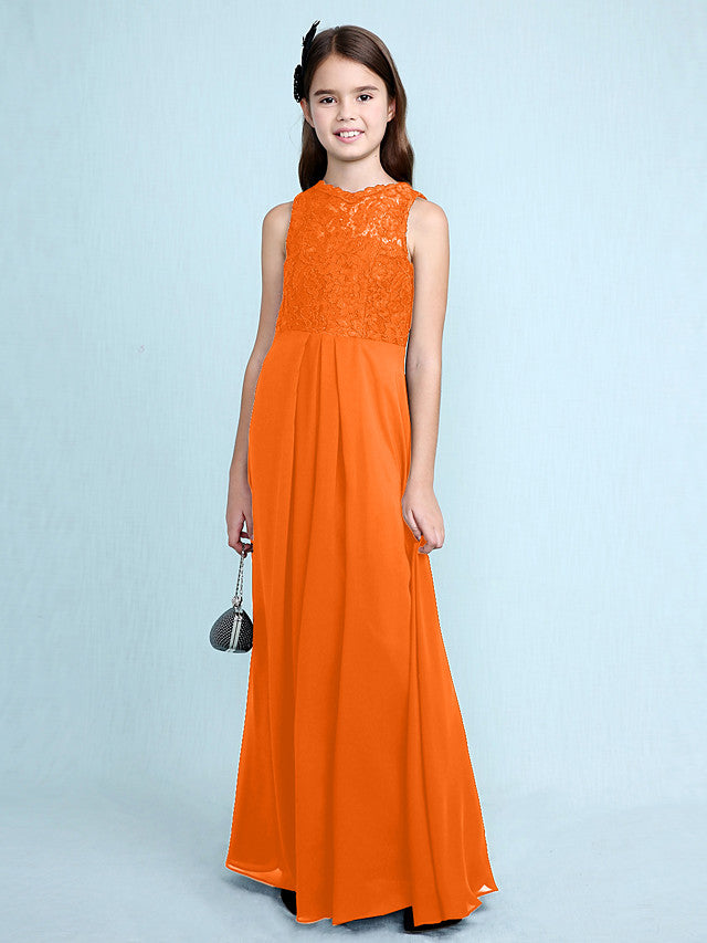 Sheath Column Scoop Neck Floor Length Chiffon & Lace Junior Bridesmaid Dress-BallBride