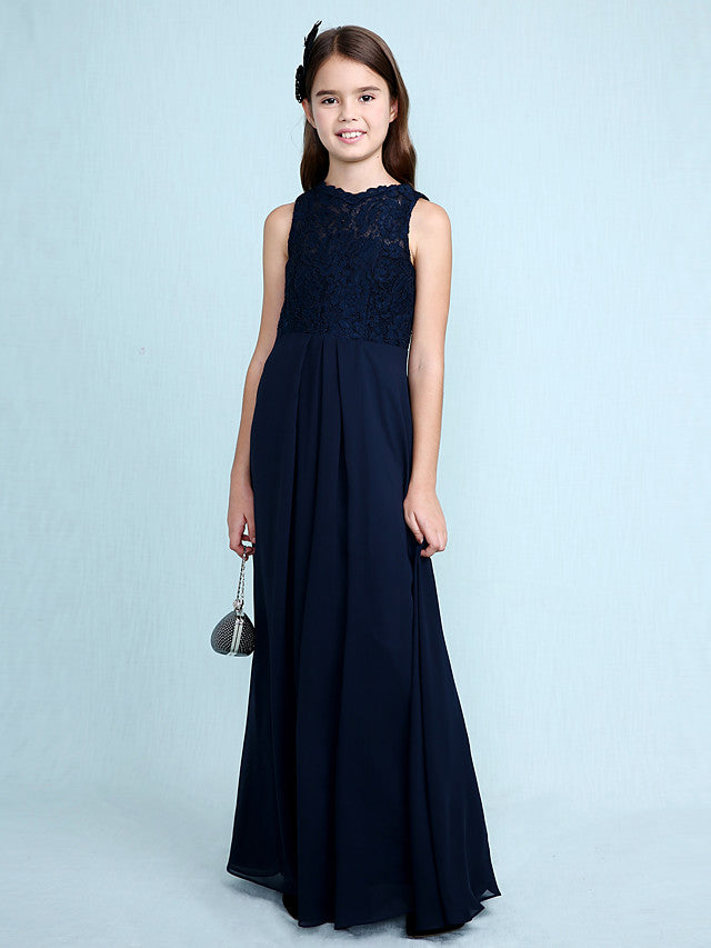 Sheath Column Scoop Neck Floor Length Chiffon & Lace Junior Bridesmaid Dress-BallBride