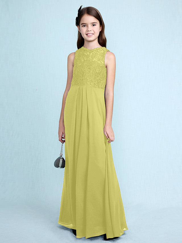 Sheath Column Scoop Neck Floor Length Chiffon & Lace Junior Bridesmaid Dress-BallBride