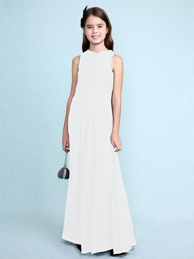 Sheath Column Scoop Neck Floor Length Chiffon & Lace Junior Bridesmaid Dress-BallBride
