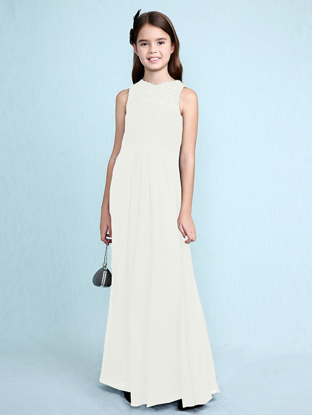 Sheath Column Scoop Neck Floor Length Chiffon & Lace Junior Bridesmaid Dress-BallBride