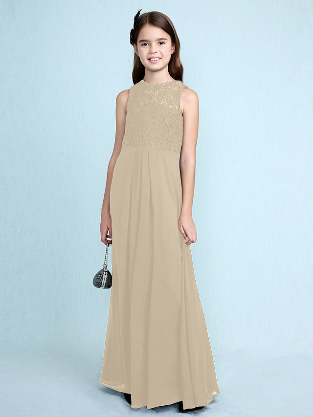 Sheath Column Scoop Neck Floor Length Chiffon & Lace Junior Bridesmaid Dress-BallBride