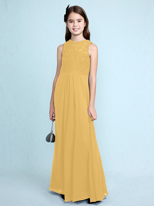 Sheath Column Scoop Neck Floor Length Chiffon & Lace Junior Bridesmaid Dress-BallBride