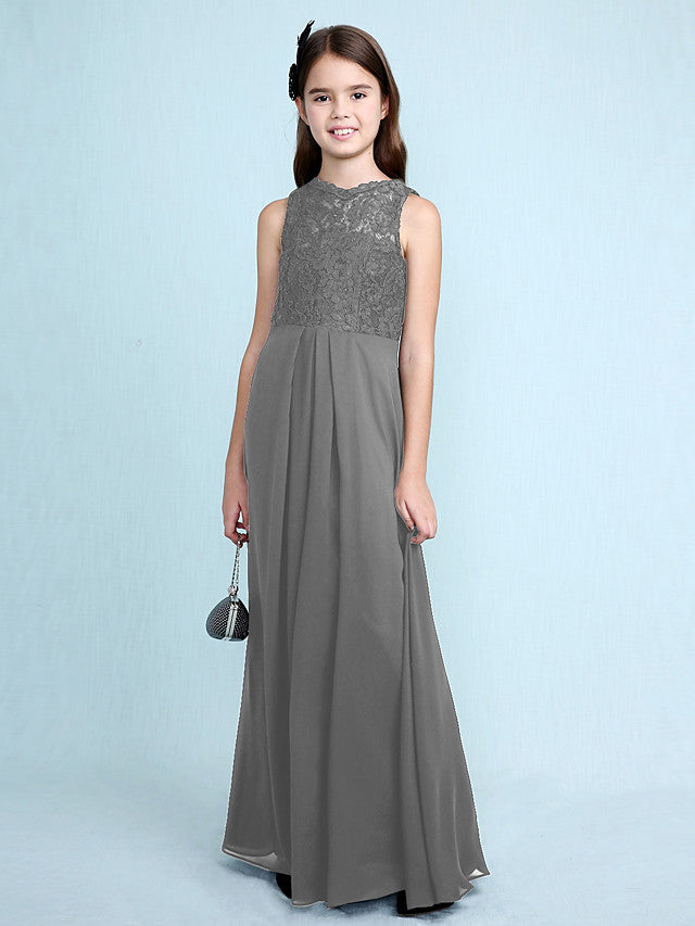 Sheath Column Scoop Neck Floor Length Chiffon & Lace Junior Bridesmaid Dress-BallBride
