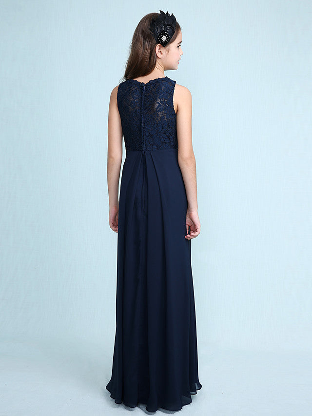 Sheath Column Scoop Neck Floor Length Chiffon & Lace Junior Bridesmaid Dress-BallBride