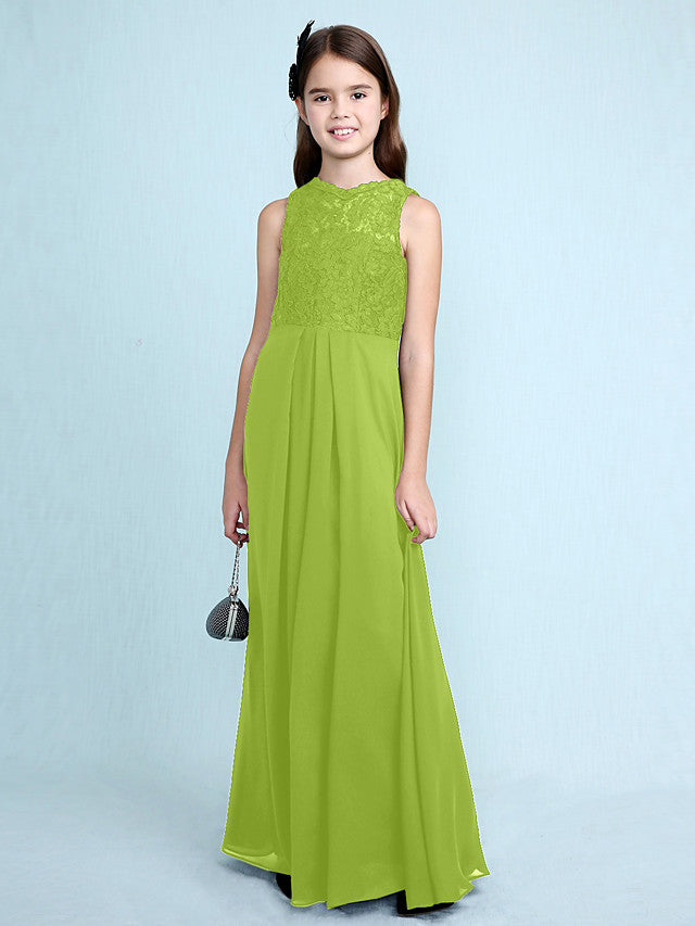Sheath Column Scoop Neck Floor Length Chiffon & Lace Junior Bridesmaid Dress-BallBride
