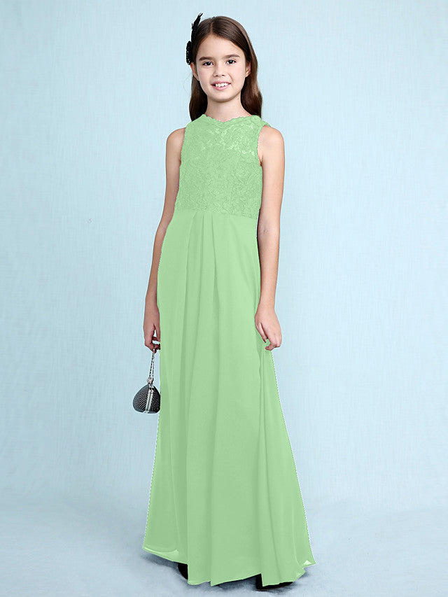 Sheath Column Scoop Neck Floor Length Chiffon & Lace Junior Bridesmaid Dress-BallBride