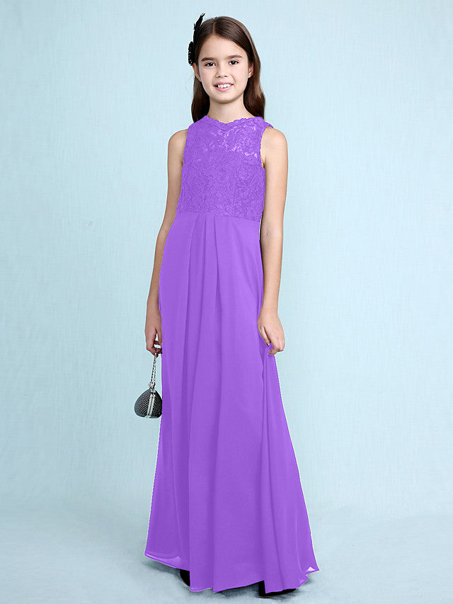 Sheath Column Scoop Neck Floor Length Chiffon & Lace Junior Bridesmaid Dress-BallBride
