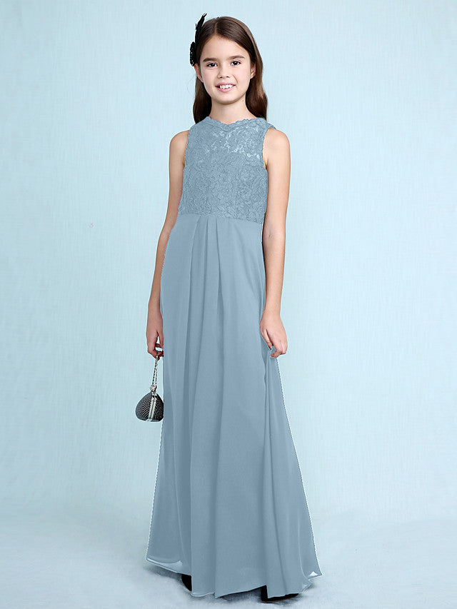 Sheath Column Scoop Neck Floor Length Chiffon & Lace Junior Bridesmaid Dress-BallBride